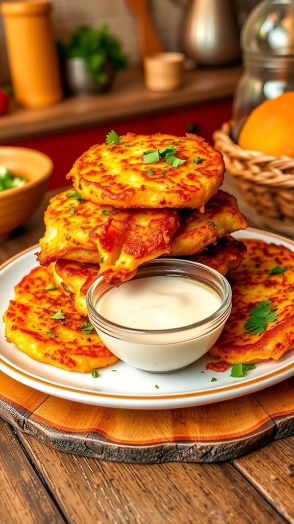 Crispy Potato Fritters Recipe Crispy potato fritters served on a plate with herbs and dipping sauce.